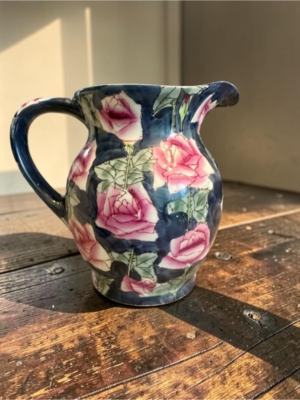 Vintage New Holland Floral Porcelain Hand Painted Rose Motif Pitcher - Pink Blue